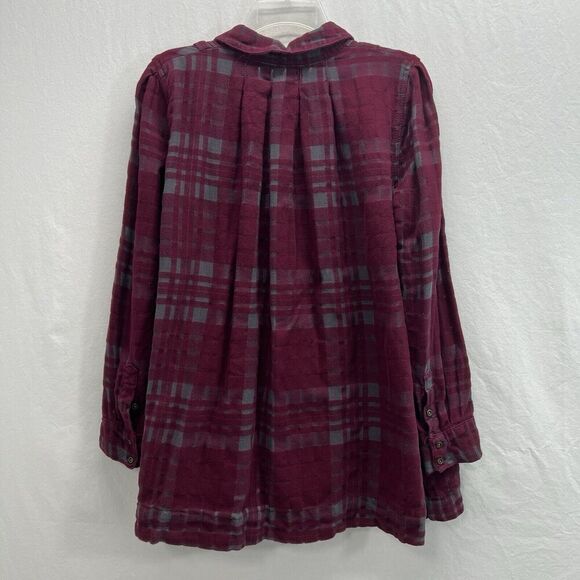 Free People Baby Blues Plaid Tunic Top Small Flannel Burgundy Pockets - Picture 8 of 16